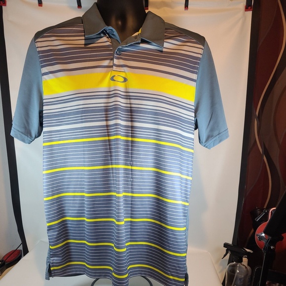 Oakley Polo Shirt Mens Medium Short Sleeve Regular Fit Blue With Stripes - Picture 1 of 5